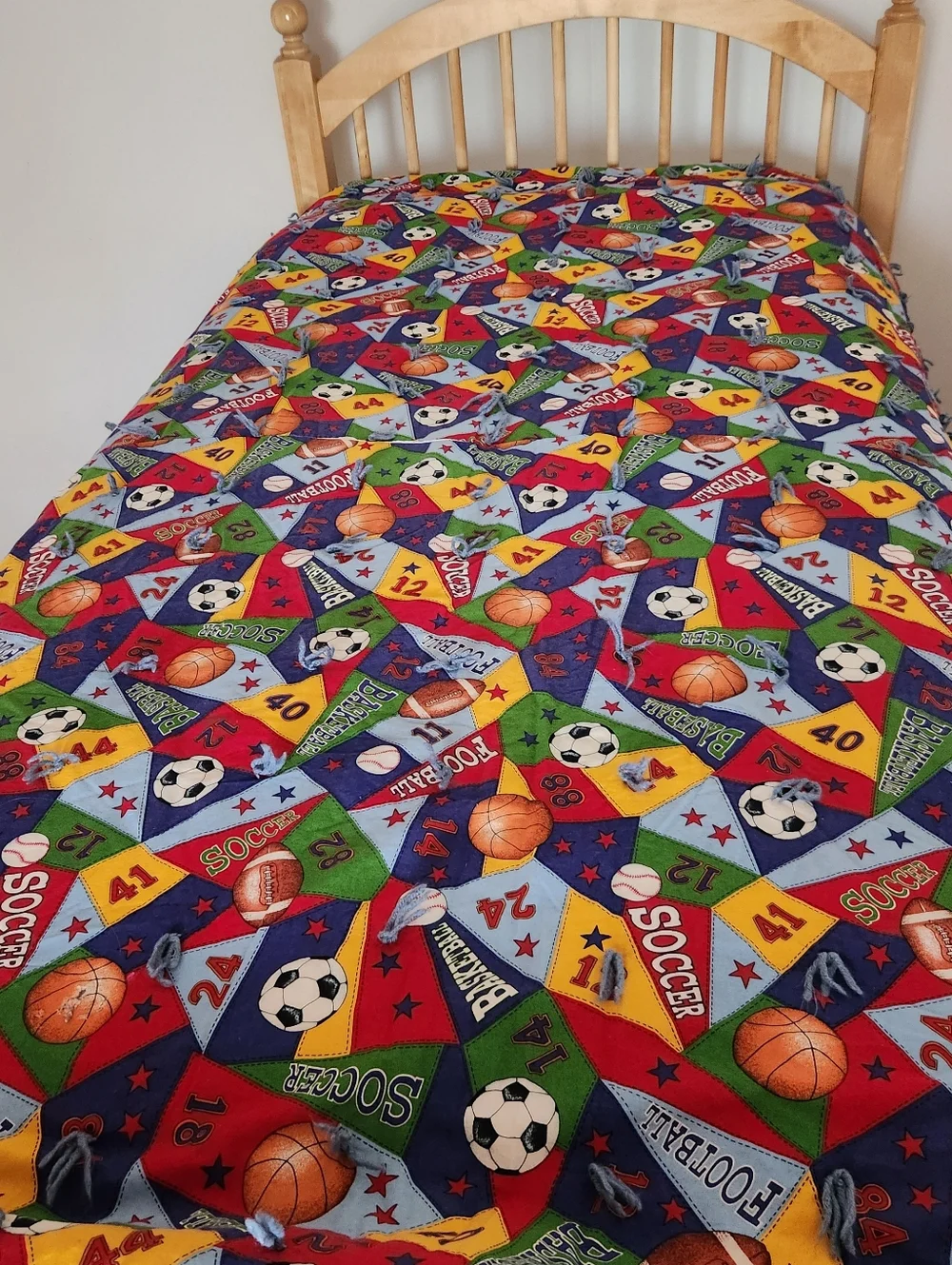 HANDMADE Quilt Twin Sports Football Soccer Boys Cotton Plaid Flannel Back Tied